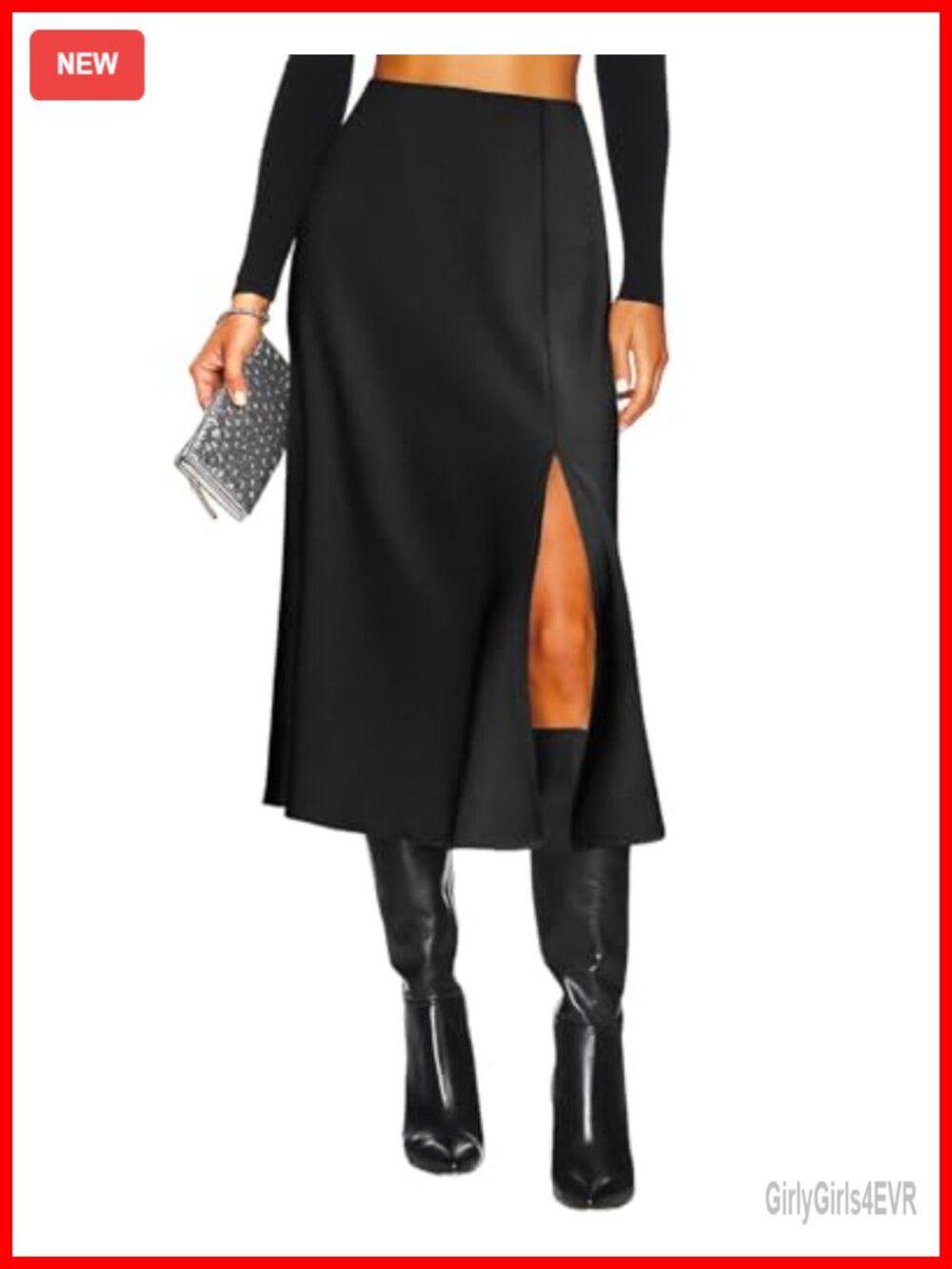 High Waisted Satin Midi Skirt Side Slit A-Line Formal Party